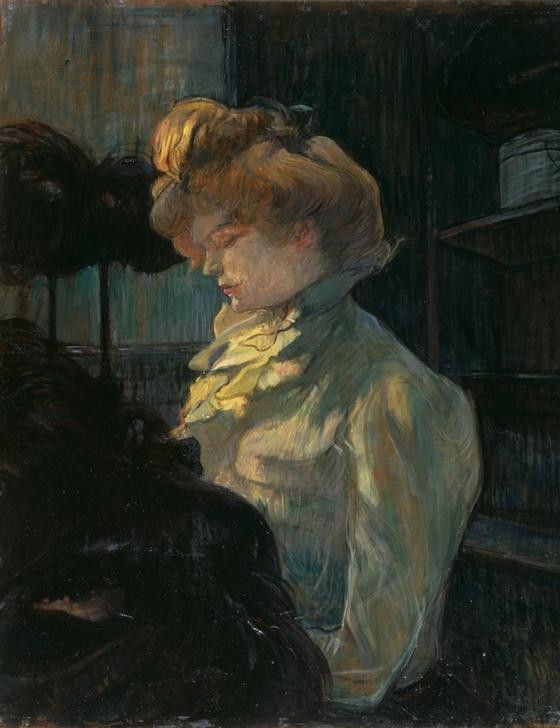 Henri de Toulouse-Lautrec, La Modiste (Mademoiselle Louise Blouet) (Beruf,Frau,Handel,Jugendstil,Mensch,Verkäuferin,Modistin,Portrait,Hutgeschäft,Französische Kunst,Kleidung (Allgemein),Fin De Siecle,Hutmacherin,Handwerk,Frisur,Gewerbe)