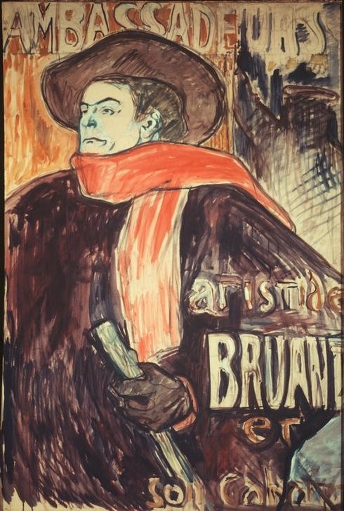 Henri de Toulouse-Lautrec, Aristide Bruant aux Ambassadeurs (Chansonsänger,Jugendstil,Kabarett Und Variete,Mann,Nachtleben,Sänger,Schal,Französische Kunst,Konzertcafe,Fin De Siecle,Halbfigur,Person)