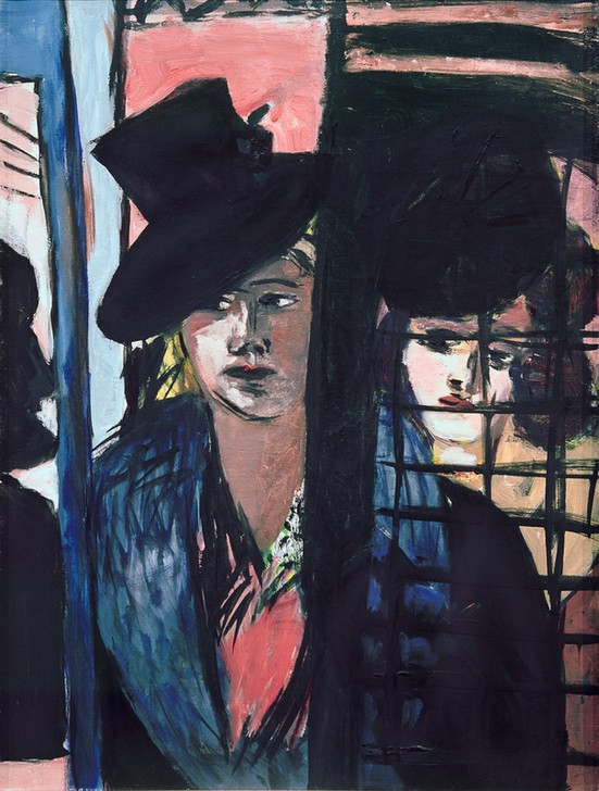 Max Beckmann, Zwei Frauen (in Glastür) (Frauen, Hut, Portraits, Gesichter, Personen, Klassische Moderne, Malerei, Expressionismus, Mensch und Gesellschaft, Wunschgröße, Wohnzimmer, bunt)