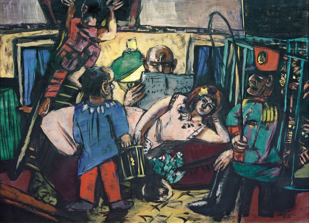 Max Beckmann, Im Artistenwagen (Zirkus, Artisten, Zirkuswagen, Expressionismus, Klassische Moderne, Malerei, Wohnzimmer, Treppenhaus, Wunschgröße, bunt)