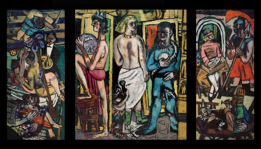 Max Beckmann, Akrobaten (Zirkus, Menschen, Akrobaten, Triptychon, Expressionismus, Klassische Moderne, Malerei, Wohnzimmer, Treppenhaus, Wunschgröße, bunt)