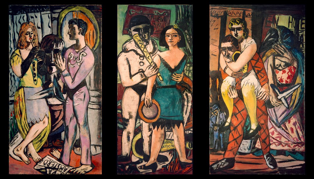 Max Beckmann, Karneval (Kostüme, Menschen, Spaß, Fasching, Triptychon, Expressionismus, Klassische Moderne, Malerei, Wohnzimmer, Treppenhaus, Wunschgröße, bunt)