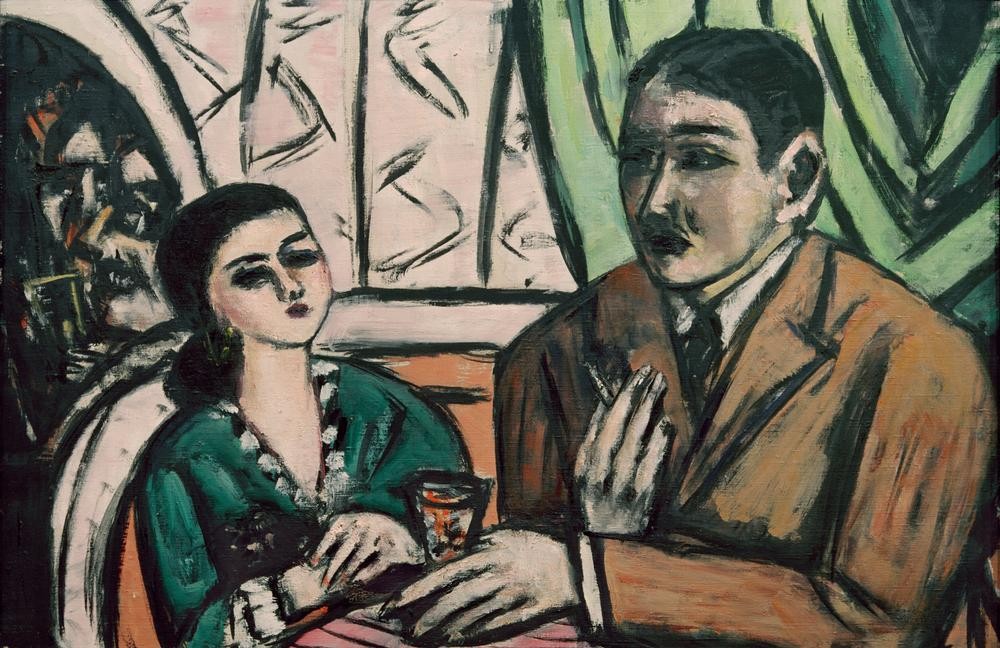 Max Beckmann, Künstlercafe (Café, Bar, Klassische Moderne, Malerei, Künstler, mann, Frau, Dialog, Gespräch, Expressionismus, Mensch und Gesellschaft, Esszimmer, Wunschgröße, Wohnzimmer, bunt)