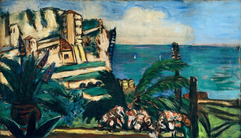 Max Beckmann, Riviera-Landschaft mit Felsen (Landschaft, Landschaftsmalerei, Küste, Meer, mediterran,  Klassische Moderne, Malerei, Expressionismus, Wunschgröße, Wohnzimmer, bunt)