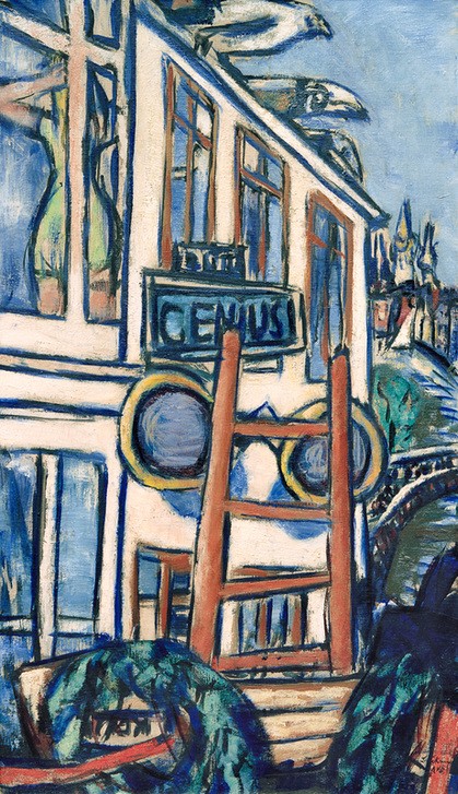 Max Beckmann, Genius (Optikerladen, GENIUS, Amsterdam, Zwickel, Brille, Gebäude, Vögel, Klassische Moderne, Malerei, Expressionismus, Wunschgröße, Wohnzimmer, bunt)
