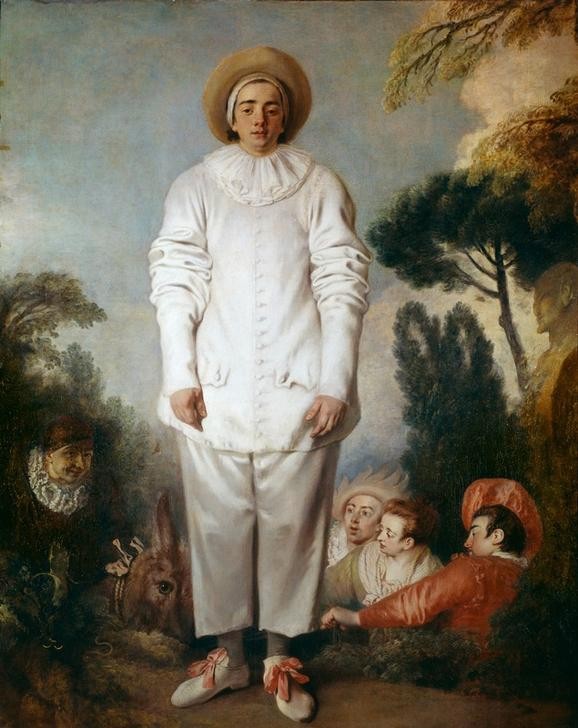 Jean-Antoine Watteau, Gilles (Commedia Dell'arte,Fahrendes Volk,Mann,Rollenbild,Schuhe (Schuh),Theater,Rokoko,Esel,Kostüm (Verkleidung),Portrait,Komödie,Clown,Pierrot,Halskrause,Französische Kunst,Schauspiel,Kleidung (Allgemein),Knopf (Knöpfe),Schleife,Schnürsenkel,Ganzfigurig,Weiss ()