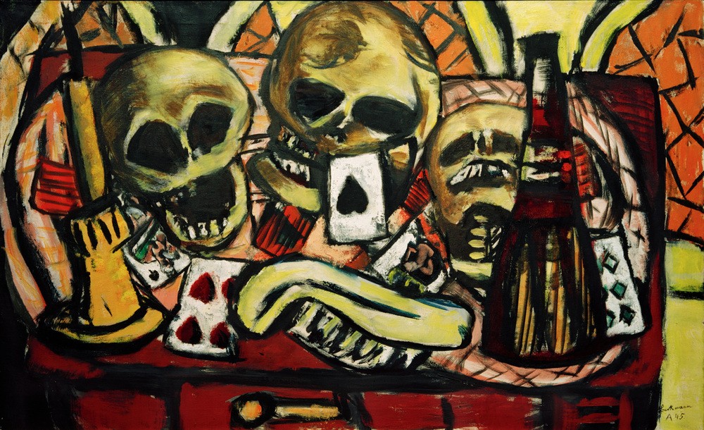 Max Beckmann, Totenkopfstilleben (Stillleben, Skulls, Totenköpfe, Spielkarten,  Expressionismus, Klassische Moderne, Malerei, Wohnzimmer, Treppenhaus, Wunschgröße, bunt)