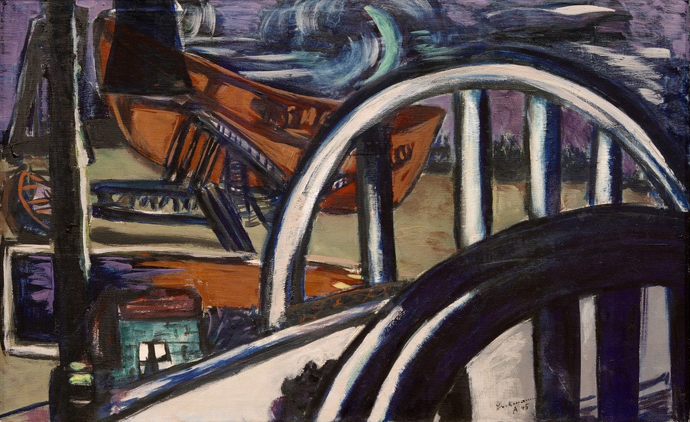 Max Beckmann, Schiffswerft. Eiserne Brücke (Amsterdam, Amstel, Brücke, Städte, Werft, Schiffsbau, Klassische Moderne, Malerei, Expressionismus, Wunschgröße, Wohnzimmer, bunt)