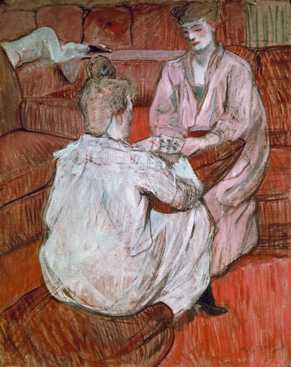 Henri de Toulouse-Lautrec, Deux filles jouant aux cartes (Frau,Kunst,Prostitution,Spiel,Kartenspiel,Prostituierte,Langeweile,Französische Kunst,Neglige,Frauenleben,Bordell,Privatsammlung)
