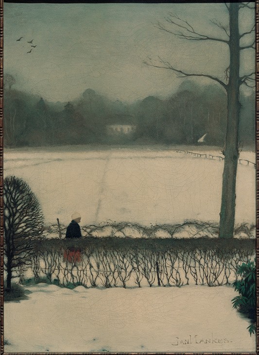 Jan Mankes, Aussicht aus dem Atelier in Eerbeek (Atelier,Frau,Jahreszeiten,Kunst,Landschaft,Mensch,Winter,Schnee,Symbolismus,Baum,Niederländische Kunst,Fussgängerin,Hecke,Ausblick,Signatur,Aussicht)