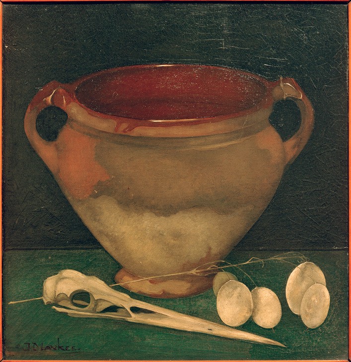 Jan Mankes, Steinguttopf mit Reiherschnabel (Anatomie,Biologie,Kunst,Reiher,Vogel,Zoologie,Skelett,Symbolismus,Stillleben,Vanitas,Ei,Niederländische Kunst,Gefäss,Topf,Knochen,Tier,Steingut,Schnabel,Signatur)