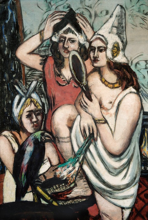 Max Beckmann, Vor dem Kostümfest (Drei Frauen) (Frauen, Kostüme, Fasching, Verkleidung, Spiegel, Kopfbedeckung, Expressionismus, Mensch und Gesellschaft,  Wunschgröße, Wohnzimmer, bunt)