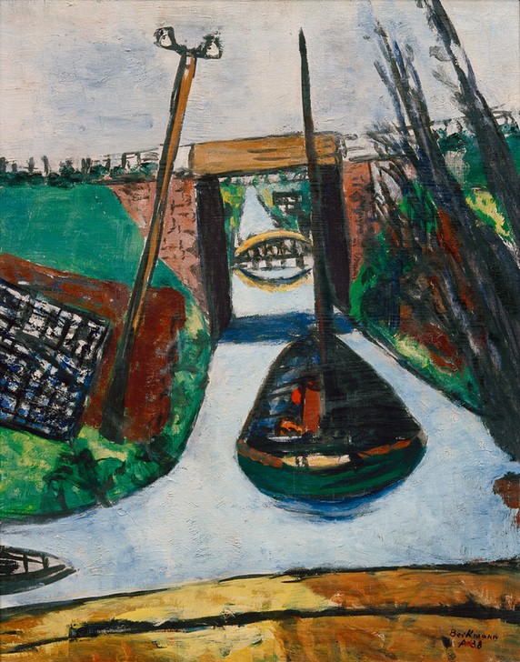 Max Beckmann, Am Damm (Holland). Kanal in Holland (Landschaftsmalerei, Kanal, Boot, Brücke, Holland, Expressionismus, Landschaft, Wunschgröße, Wohnzimmer, bunt)