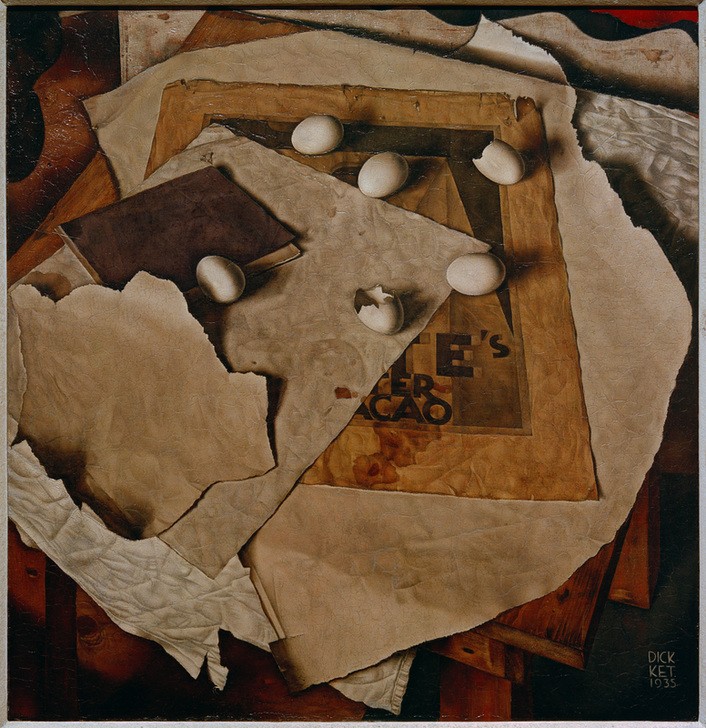Dick Ket, Stillleben mit Eiern (Kunst,Nahrungsmittel,Stillleben,Ei,Niederländische Kunst,Magischer Realismus,Buchstaben,Schrift,Signatur)
