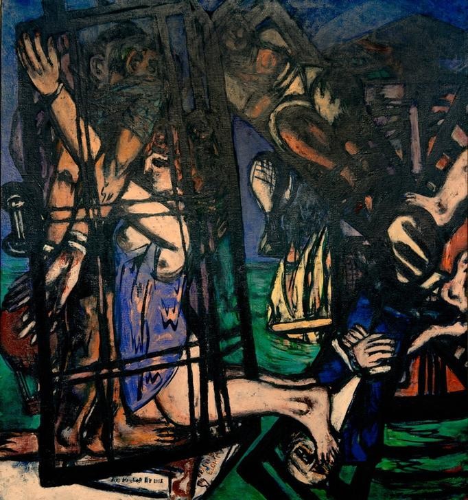 Max Beckmann, Ballon mit Windmühle. Die Mühle (Personen Windmühlenflügel, skurril, Käfig, Expressionismus, Klassische Moderne, Malerei, Wohnzimmer, Treppenhaus, Wunschgröße, bunt)