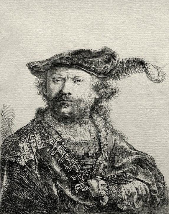 Rembrandt Harmenszoon van Rijn, Selbstbildnis in Kleidung des 16. Jahrhunderts (Herrenmode,Kopfbedeckung,Künstler,Maler (Künstler),Mann,Mode,Barock,Selbstbildnis,Portrait,Niederländische Kunst,Barett,Holländische Kunst,Wams,Person)