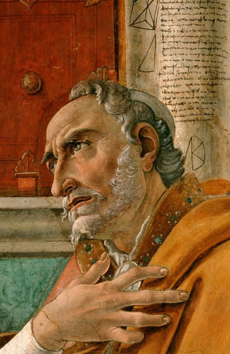 Sandro Botticelli, Der Heilige Augustinus (Christentum,Gelehrter,Geometrie,Heilige,Religion,Bart,Renaissance,Hand,Gestik,Kirchenvater,Italienische Kunst,Kopf,Heiliger,Ausschnitt)