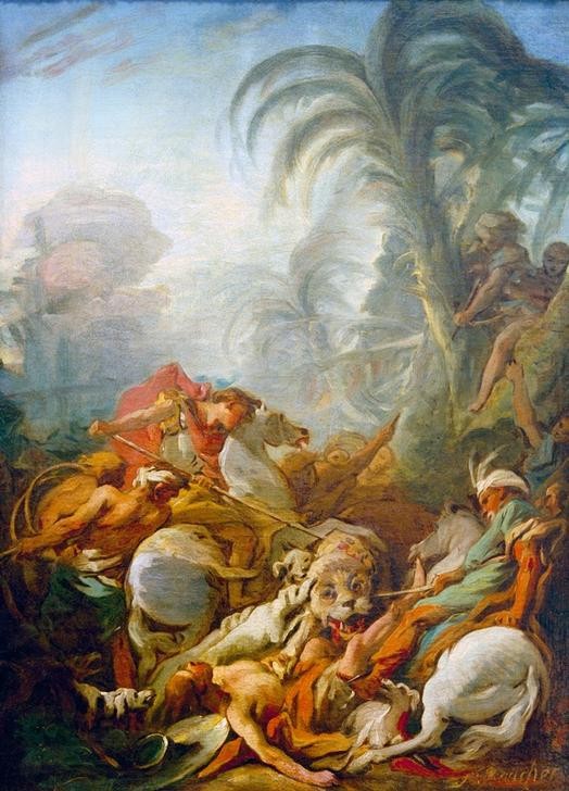 Francois Boucher, Tigerjagd (Jäger,Jagd,Kunst,Löwe (Tier),Palme,Pferd (Tier),Szene,Tierarten,Zoologie,Reiter,Hund,Rokoko,Orientalismus,Tiger,Kampf Zwischen Mensch Und Tier,Lanze,Jagdhund,Französische Kunst,Kampf,Tigerjagd,Raubkatze,Exotik,Grosskatze,Tier)