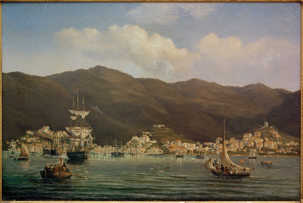 Fritz Melbye, Blick auf den Hafen von Saint Thomas (Insel,Geographie,Hafen,Kunst,Landschaft,Schiff,Segelschiff,Meer,Realismus,Vedute,Stadtansicht,Dänische Kunst,Kolonie,Bucht,Ansicht,Topographie,Schifffahrt)