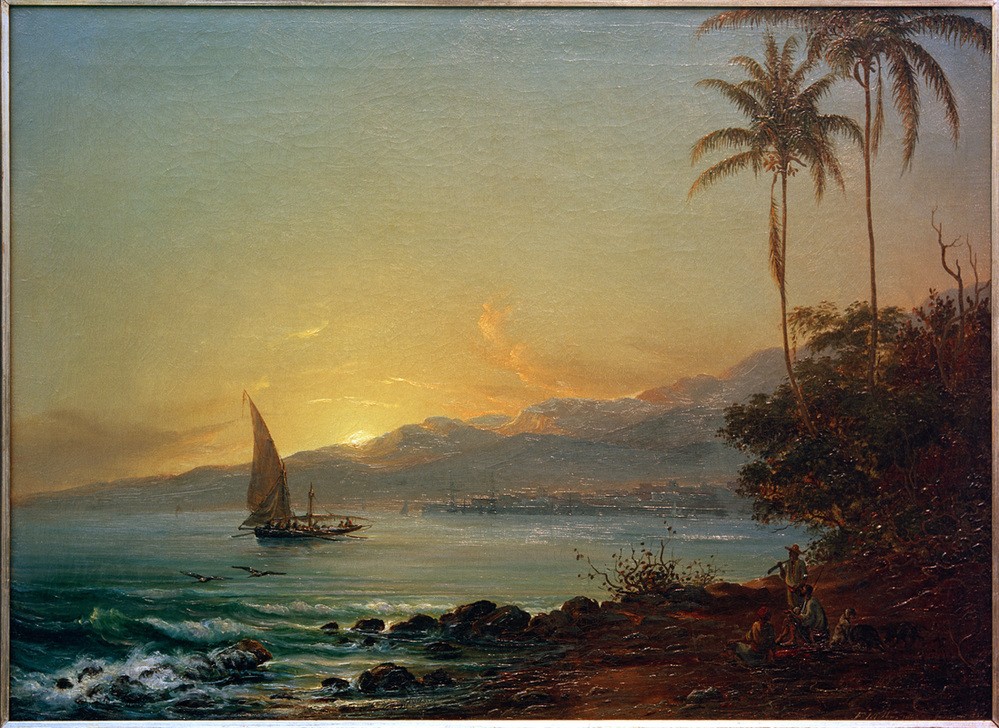 Fritz Melbye, La Guaira im Abendlicht (Geographie,Küste,Kunst,Landschaft,Palme,Tageszeiten,Abend,Meer,Segelboot,Vedute,Ansicht,Topographie)