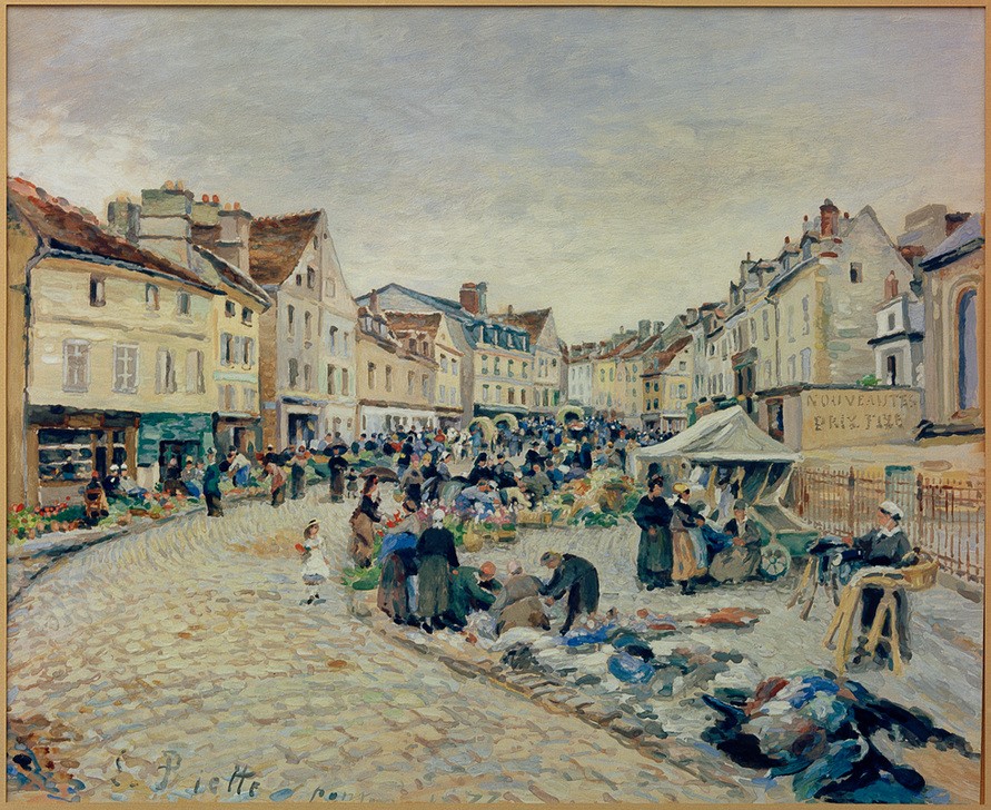 Ludovic Piette, Der Markt auf der Place du Petit Martroy, Pontoise (Geographie,Handel,Kunst,Markt,Marktplatz,Platz,Kleinstadt,Vedute,Architekturdarstellung,Französische Kunst,Ansicht,Topographie,Stadtleben,Kleinstadtleben)