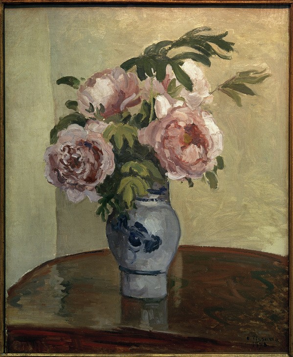 Camille Pissarro, Rosa Pfingstrosenstrauß (Botanik,Kunst,Impressionismus,Stillleben,Blumenstrauss,Vase,Französische Kunst,Blume,Pfingstrose,Rosa (Farbe))