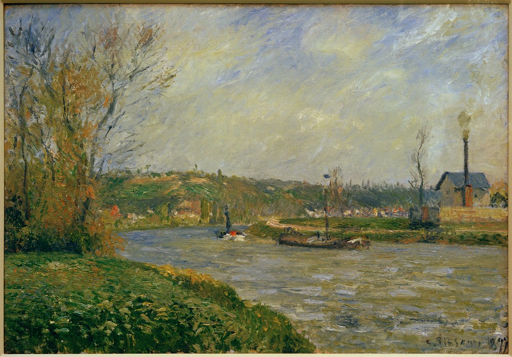 Camille Pissarro, Am Ufer der Oise (Gewässer,Kunst,Landschaft,Impressionismus,Fluss,Lastkahn,Französische Kunst,Ufer,Natur)