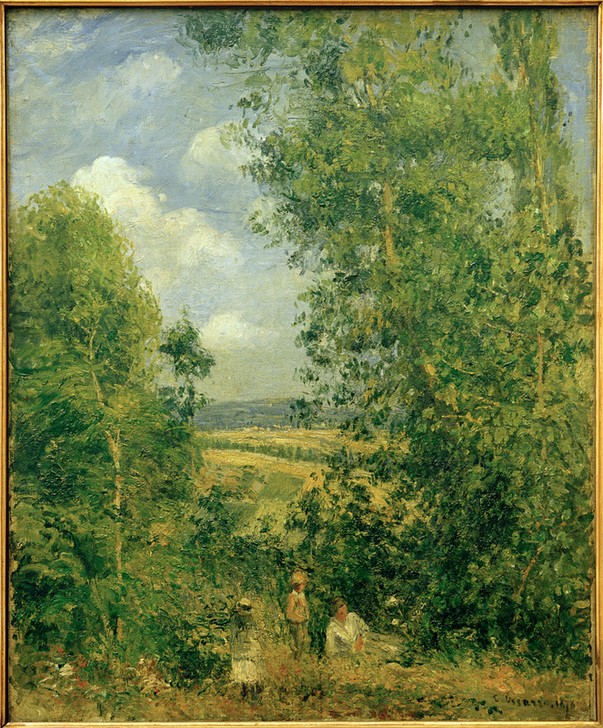 Camille Pissarro, Rast unter Bäumen bei Pontoise (Ausflug,Familie,Frau,Kind,Kunst,Landschaft,Rast,Spaziergang,Impressionismus,Baum,Wiese,Französische Kunst,Laubbaum)