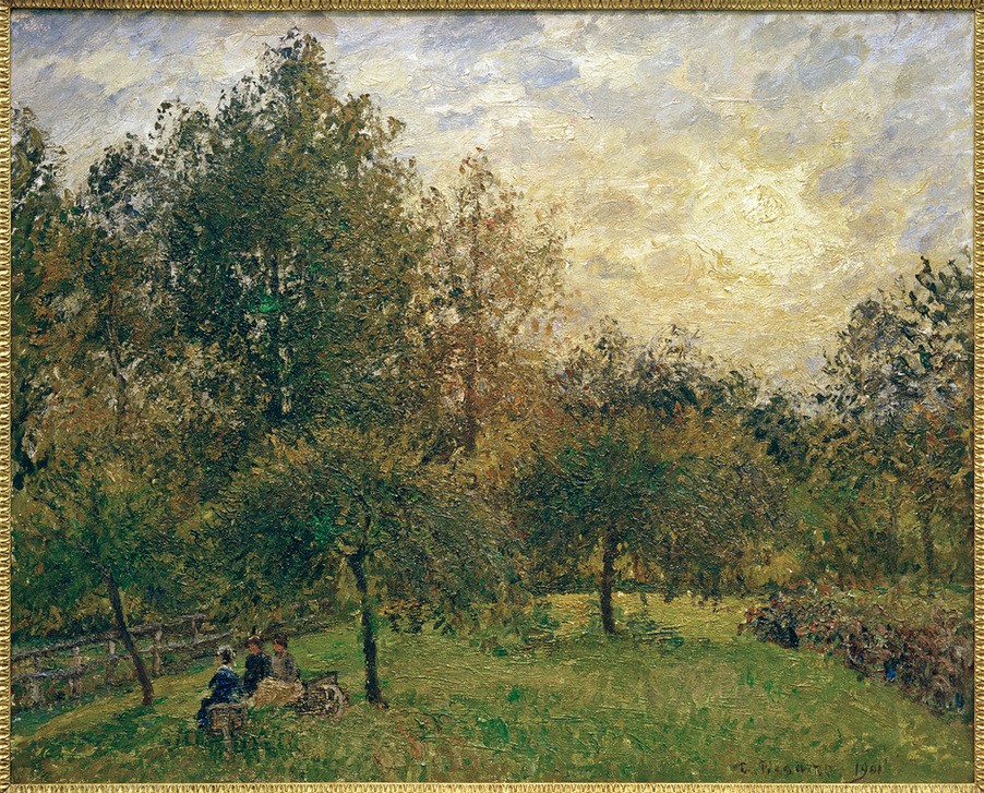 Camille Pissarro, Apfelbäume und Pappeln bei Sonnenuntergang (Kunst,Landschaft,Obstbau,Rast,Sonnenuntergang,Tageszeiten,Abend,Baum,Wiese,Französische Kunst,Apfelbaum,Pappel,Jahrhundertwende,Laubbaum,Obstbaum)