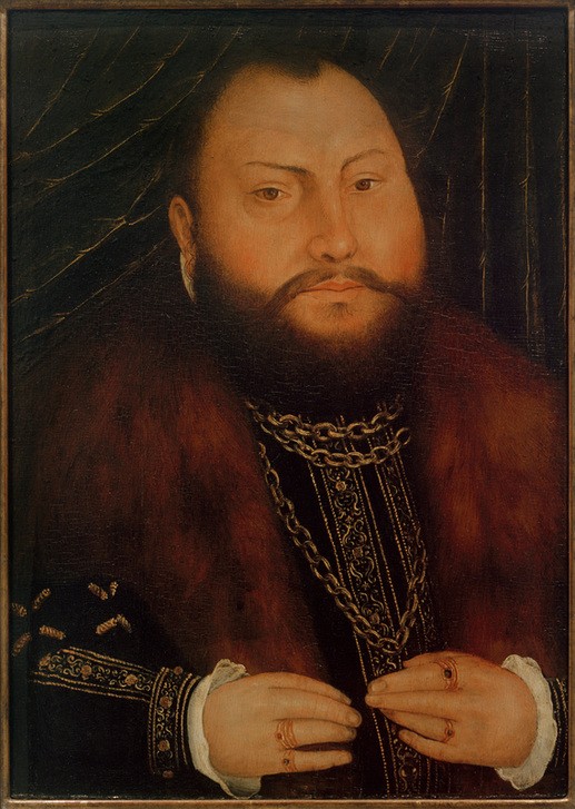 Lucas Cranach der JÜngere, Johann Friedrich der Großmütige (Deutsche Kunst,Fettleibigkeit,Geschichte,Herrenmode,Kette (Schmuck),Kurfürst,Kunst,Mann,Mode,Pelz,Reformation,Ring,Schmuck,Bart,Männerschmuck,Renaissance,Hand,Portrait,Halskette,Pelzkragen,Vollbart,Fingerring,Kleidung (Allgemein),Wettiner,Kragen,Blick Aus)