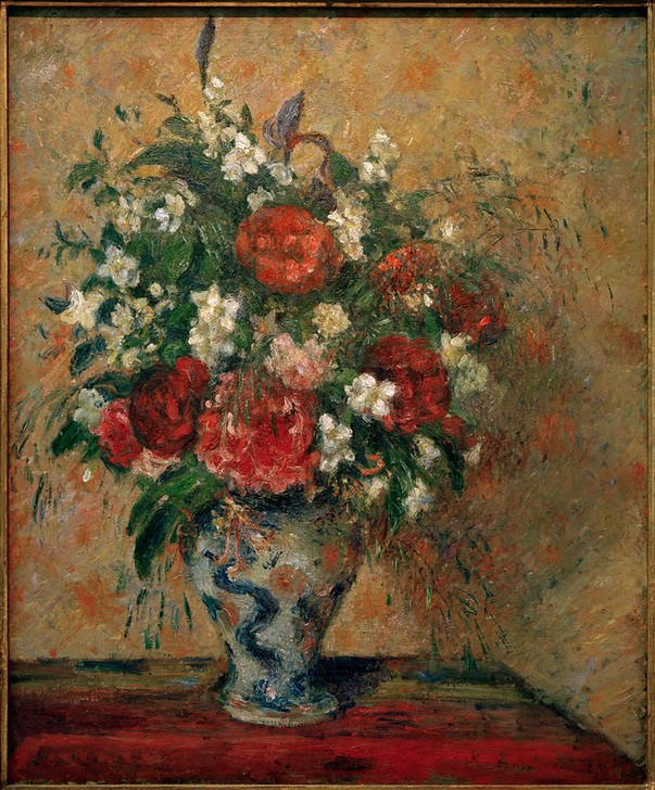 Camille Pissarro, Blumenstrauß: Pfingstrosen und Pfeifenstrauch (Kunst,Impressionismus,Stillleben,Blumenstrauss,Vase,Französische Kunst,Blume,Pfingstrose,Pfeifenstrauch)