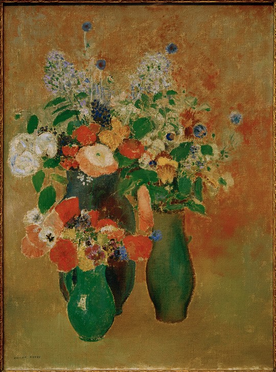 Odilon Redon, Blumenstrauß / Blumenstillleben (Postimpressionismus, Stillleben, Blumenvase, Blüten, Blumen, floral, klassische Moderne, Malerei, Wohnzimmer, Esszimmer, Treppenhaus, Wunschgröße, bunt)