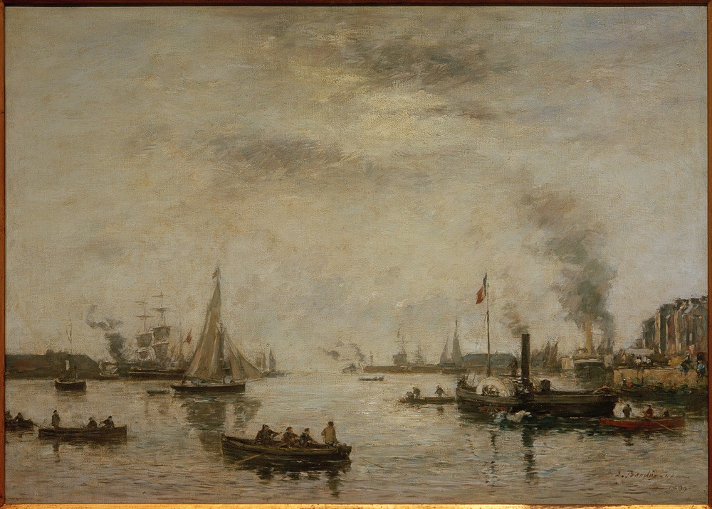 Eugene Boudin, Le Havre, Hafenansicht (Boot,Dampfer,Geographie,Hafen,Küste,Kunst,Landschaft,Schiff,Segelschiff,Stadt,Verkehr,Meer,Impressionismus,Segelboot,Französische Kunst,Ansicht,Topographie,Signatur,Schifffahrt)