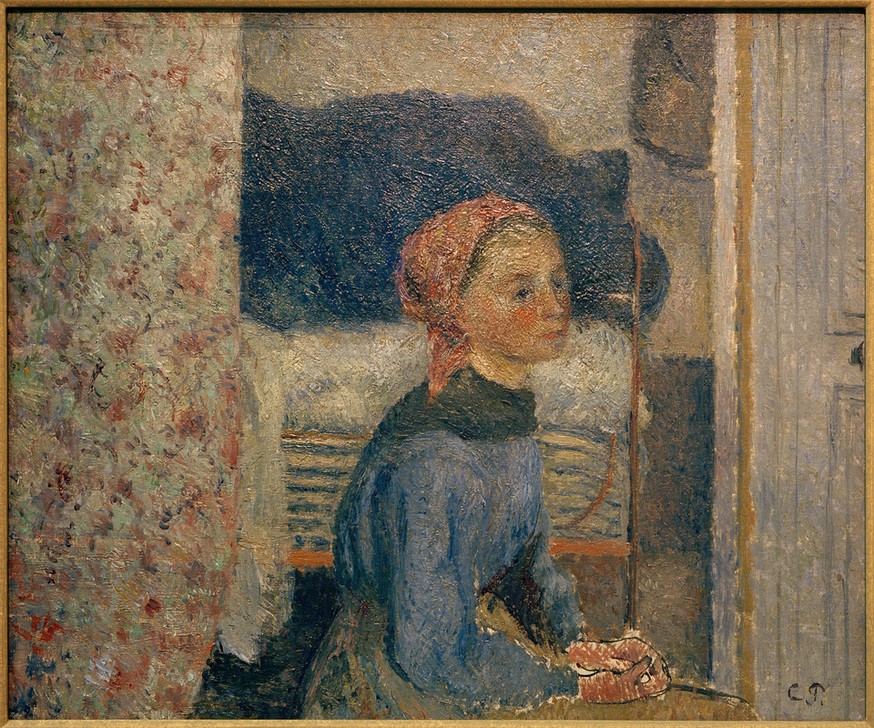 Camille Pissarro, Junge Bäuerin (Frau,Kunst,Impressionismus,Portrait,Bäuerin,Interieur,Französische Kunst,Landbevölkerung,Sitzen,Junge Frau,Halbfigur,Dorfbewohner,Hände Im Schoss,Kopftuch)