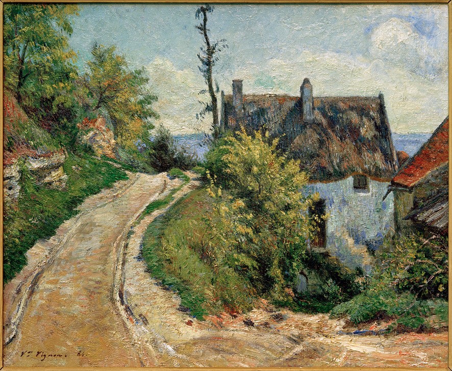 Victor Vignon, Dorfstraße (Bauernhaus,Dorfstrasse,Dorf,Haus,Kunst,Landschaft,Strasse (Allgemein),Impressionismus,Baum,Französische Kunst,Kurve,Strauch,Strasse (Unbefestigt))