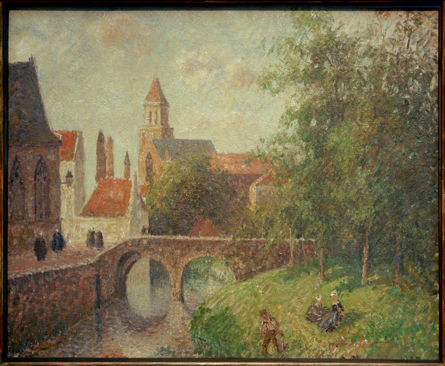 Camille Pissarro, Die Sleutelbrug in Brügge (Altstadt,Brücke,Geographie,Kanal,Kirche,Kunst,Impressionismus,Vedute,Stadtansicht,Architekturdarstellung,Französische Kunst,Ansicht,Topographie,Kapelle (Kirche))