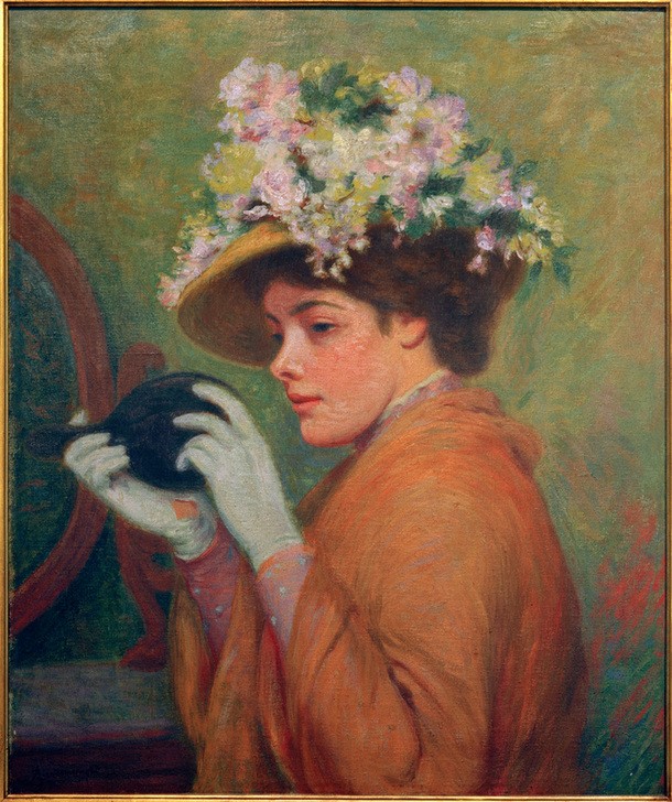 Federico Zandomeneghi, Ein letzter Blick (Damenhut,Damenmode,Frau,Handschuh,Kopfbedeckung,Kunst,Mode,Hut,Portrait,Italienische Kunst,Handspiegel,Ausgehen)