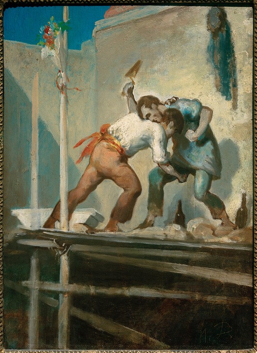 Honore Daumier, Raufende Maurer (Arbeiter,Arbeit,Beruf,Gesellschaft,Kunst,Mann,Maurer,Hausbau,Streit,Baustelle,Realismus,Schlägerei,Genre,Aggressivität,Französische Kunst,Gewalt,Gerüst,Handwerker,Männerleben,Handwerk,Lebensgefahr)