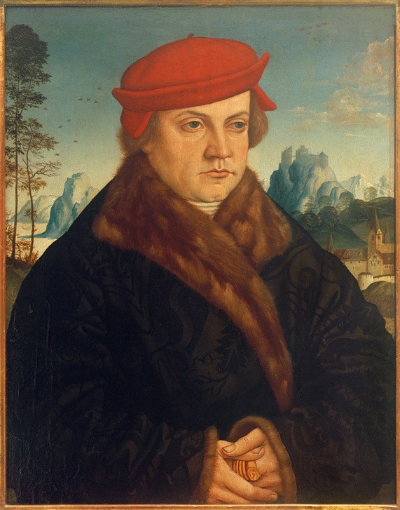 Andreas Haider, Bildnis eines Mannes mit rotem Barett (Deutsche Kunst,Gebirge,Herrenmode,Kopfbedeckung,Kunst,Landschaft,Mann,Mensch,Mode,Pelz,Ring,Schmuck,Männerschmuck,Renaissance,Portrait,Barett,Pelzkragen,Fingerring,Kleidung (Allgemein),Siegelring,Kragen,Halbfigur,Halbprofil)