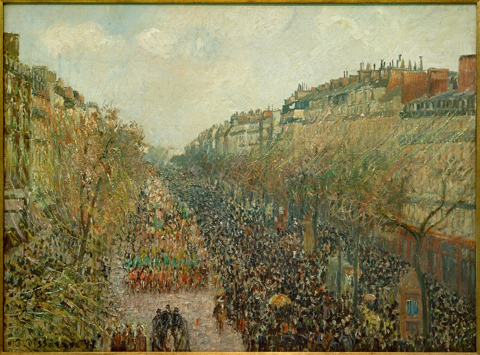 Camille Pissarro, Boulevard Montmartre, Faschingsdienstag am Nachmittag (Allee,Feste,Geographie,Kalenderfeste,Kunst,Strasse (Allgemein),Strassenszene,Urbanistik,Impressionismus,Grossstadt,Architekturdarstellung,Französische Kunst,Menschenmenge,Strassenfest,Boulevard,Topographie,Stadtleben,Karneval,Festzug)