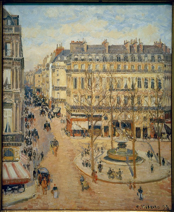 Camille Pissarro, Rue Saint-Honoré im Morgensonnenlicht (Geographie,Kunst,Stadt,Strasse (Allgemein),Verkehr,Brunnen,Tageszeiten,Urbanistik,Morgen,Platz,Impressionismus,Grossstadt,Stadtansicht,Architekturdarstellung,Französische Kunst,Stadtverkehr,Topographie,Rondell)