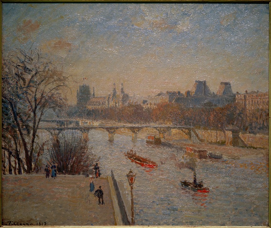 Camille Pissarro, Der Louvre (Geographie,Gewässer,Kunst,Schiff,Fluss,Lastkahn,Stadtansicht,Architekturdarstellung,Französische Kunst,Binnenschiffahrt,Stadtlandschaft,Flusschiffahrt,Topographie,Schifffahrt)