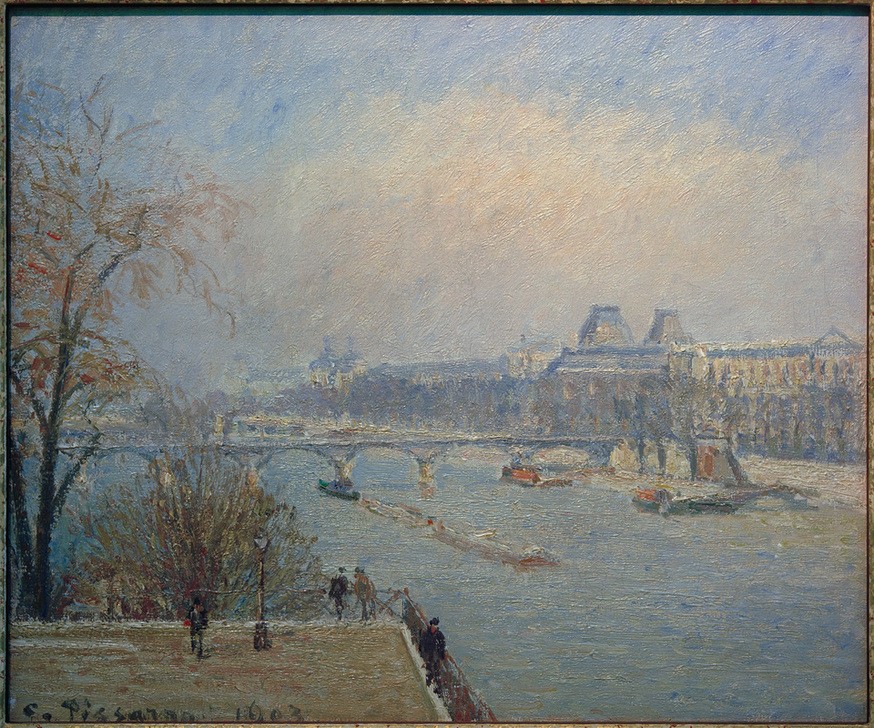 Camille Pissarro, Blick vom Pont-Neuf auf die Seine und den Louvre (Geographie,Gewässer,Kunst,Schiff,Fluss,Lastkahn,Stadtansicht,Architekturdarstellung,Französische Kunst,Binnenschiffahrt,Stadtlandschaft,Flusschiffahrt,Topographie,Schifffahrt)