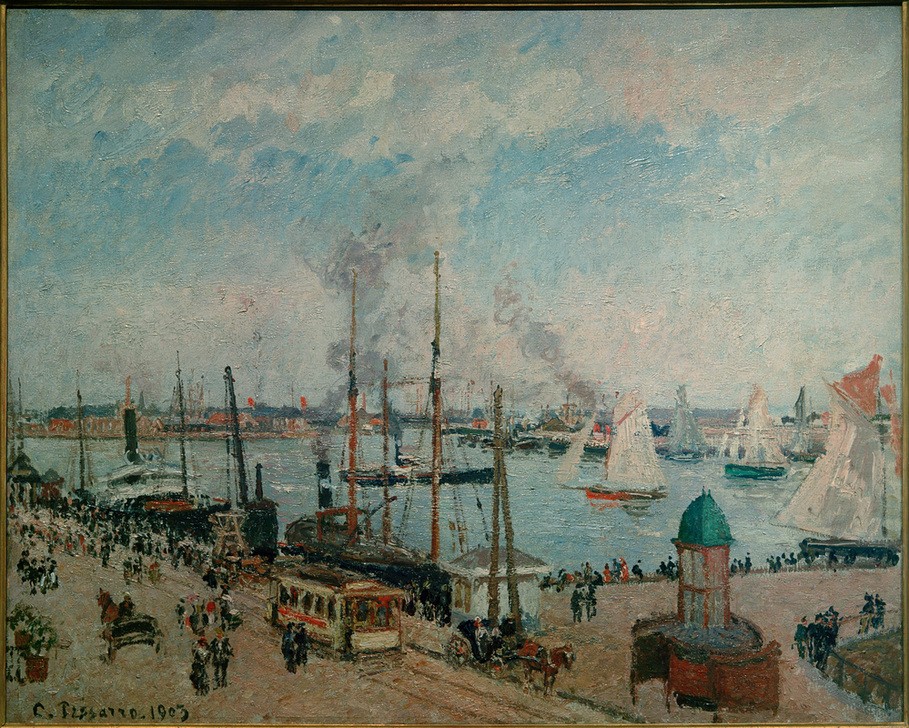 Camille Pissarro, Hafen von Le Havre bei Flut (Boot,Geographie,Hafen,Küste,Kutsche,Kunst,Landschaft,Pferdewagen,Schiff,Segelschiff,Stadt,Strassenbahn,Verkehr,Meer,Impressionismus,Segelboot,Französische Kunst,Flut,Ansicht,Gezeiten,Jahrhundertwende,Hafenleben,Topographie,Stadtleben,Signatur,Schifffahrt)