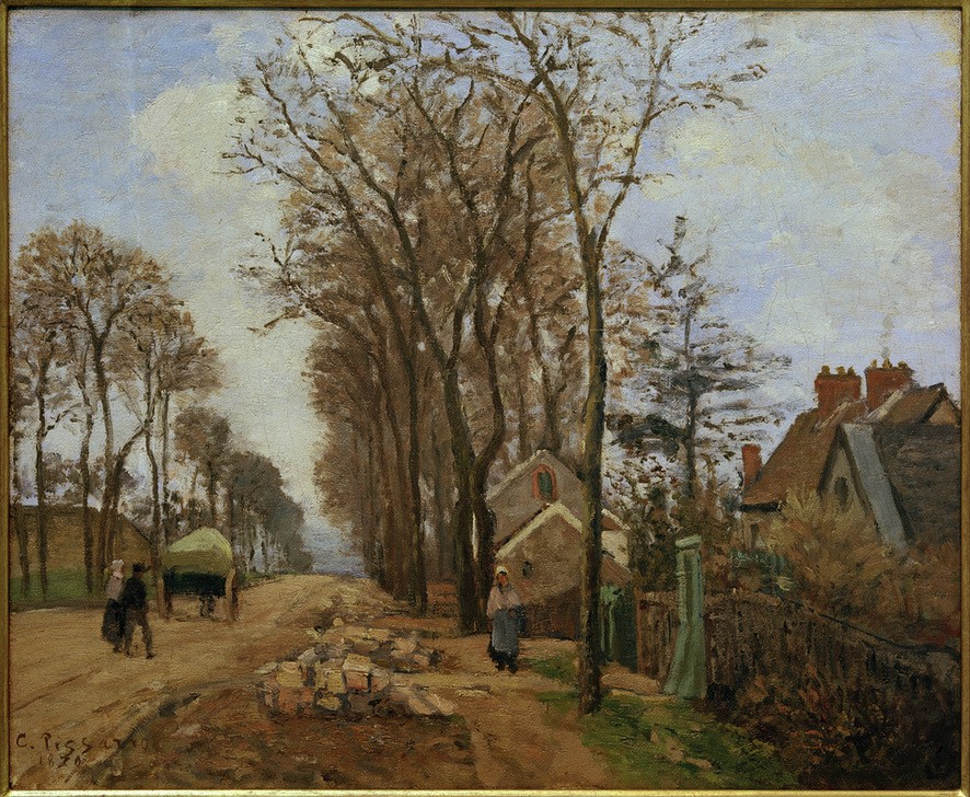 Camille Pissarro, Straße von Saint-Germain-en-Laye nach Louveciennes (Allee,Haus,Kunst,Landschaft,Verkehrswege,Strasse (Allgemein),Wohnhaus (Allgemein),Impressionismus,Französische Kunst,Fussgängerin)