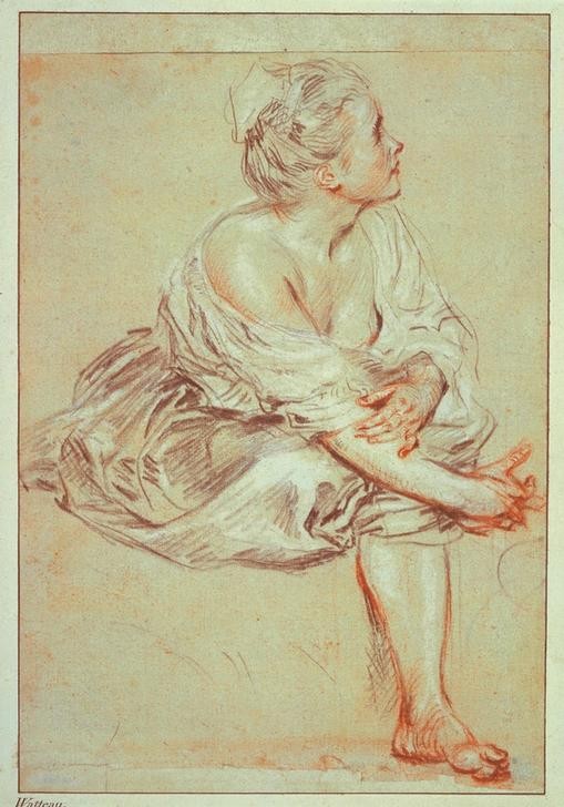 Jean-Antoine  Watteau, Woman sitting and turned towards the right (Zeichnung, Klassiker,  Aktstudie, sitzende Frau,  barfuß, Rokoko, Wohnzimmer, Schlafzimmer, Wunschgröße)