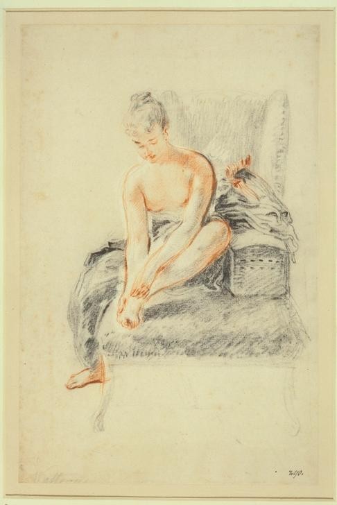 Jean-Antoine  Watteau, Young woman, nude (Zeichnung, Klassiker,  Aktstudie, sitzende Frau,  barfuß, Rokoko, Wohnzimmer, Schlafzimmer, Wunschgröße)