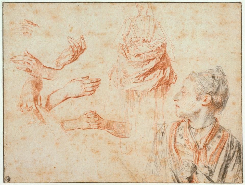 Jean-Antoine Watteau, Study of a Woman and Hands (Zeichnung, Klassiker, Studien, Hände, Gesicht, Frau, Tuch, Rokoko, Wohnzimmer, Treppenhaus, Wunschgröße)
