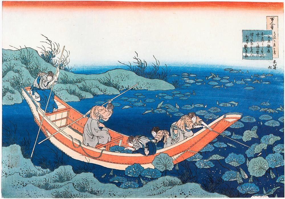 Katsushika Hokusai, Temple boys harvesting lotus (Lotos,Kimono,Symbolik)
