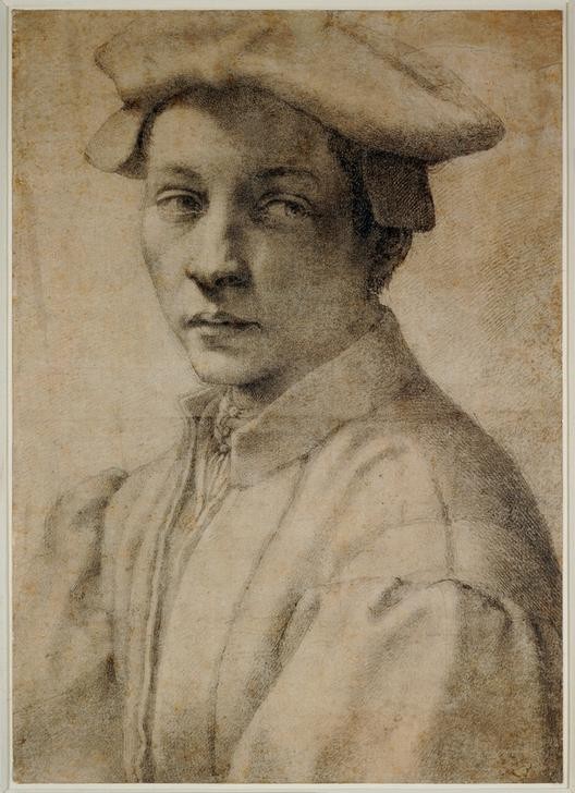 MICHELANGELO BUONARROTI, Portrait of Andrea Quaratesi (Portrait, Gesicht, junger Mann, Kappe, Adeliger, Skizze, Zeichnung, Klassiker, Renaissance, Wunschgröße, schwarz/weiß)